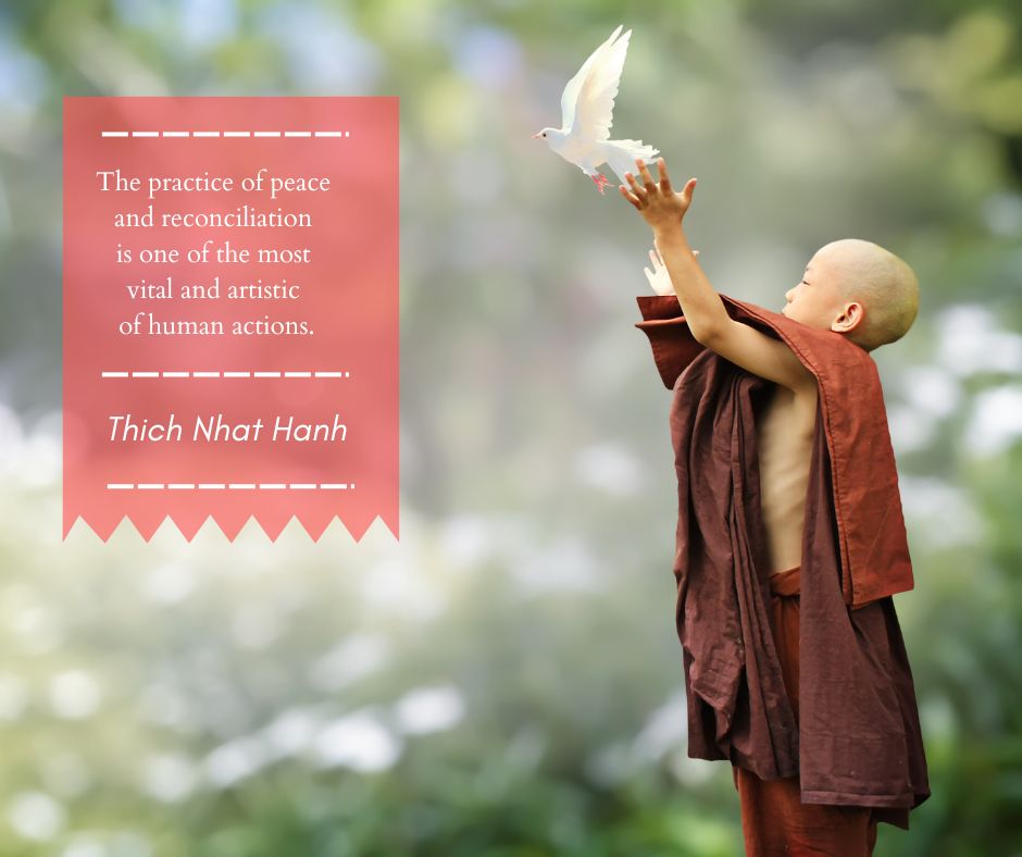 Buddhist kid in red robe releasing peace dove.